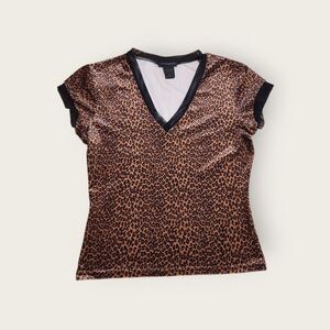 Vintage Y2k Express brown leopard print v-neck lace trim cap sleeve baby tee
